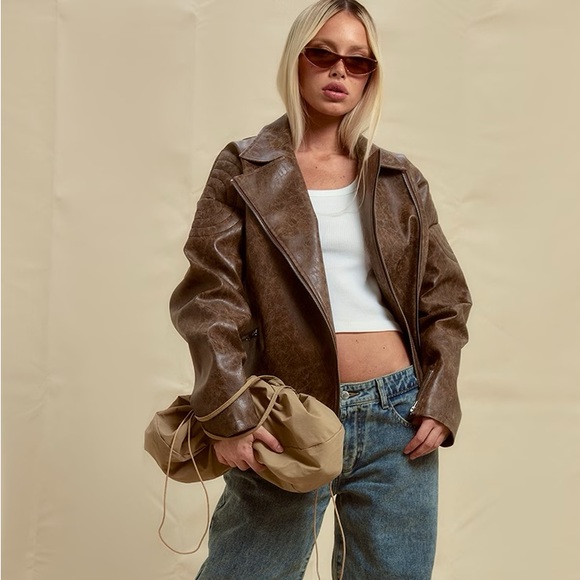 PrettyLittleThing Jackets & Blazers - Pretty Little Thing Oversized Faux Leather Distressed Look Biker Jacket Brown 4